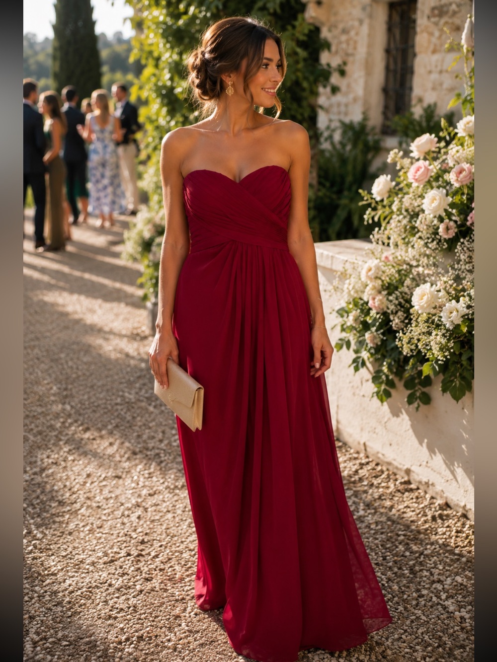 Azazie Red Strapless Chiffon Bridesmaid Maxi Dress A12 Wedding Formal Gown